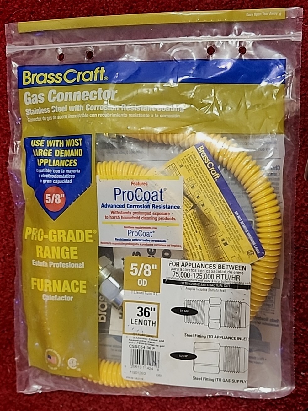 BRASSCRAFT GAS CONNECTOR 5/8″ OD × 36″ Length-Most Large Demand Appliances -BNIB