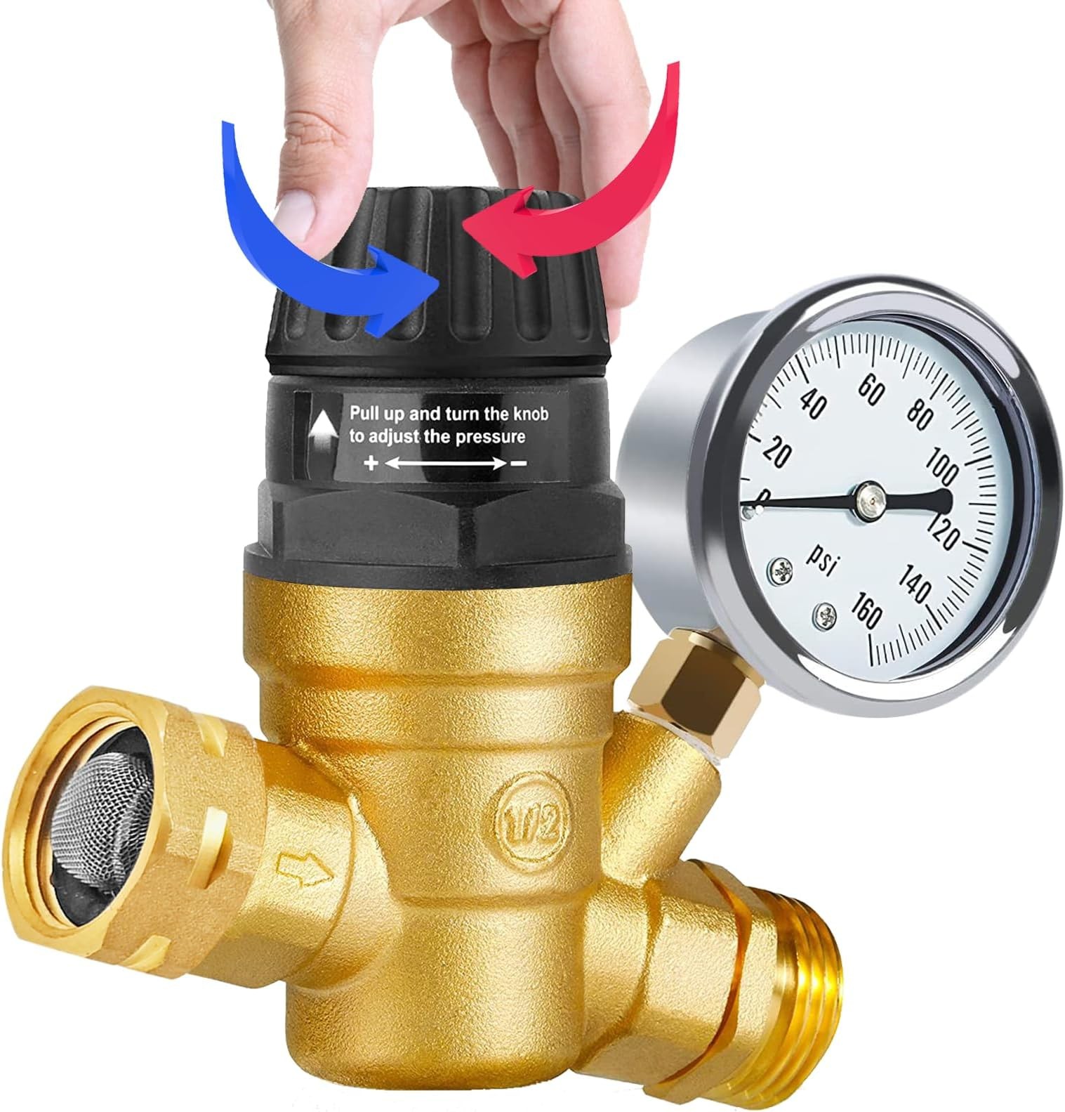 Boltigen RV Water Pressure Regulator with Gauge Lead-Free Brass Knob Adjustab…