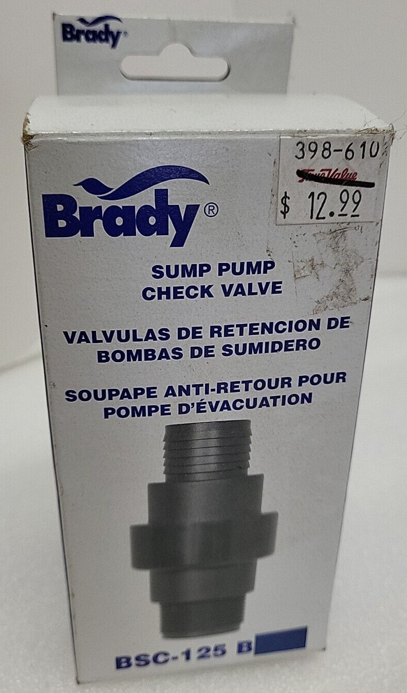 Brady BCS-125B Sump Pump Check Valve Inlet 1 1/4 NPT Male to 1 1/4 Inch Barb NOS