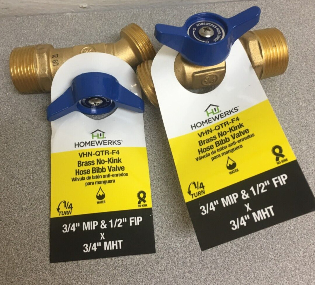 Homewerks VHNQTRF4 3/4 in. MIP X 3/4 in. MHT Brass No-Kink Hose Bibb–2 PK