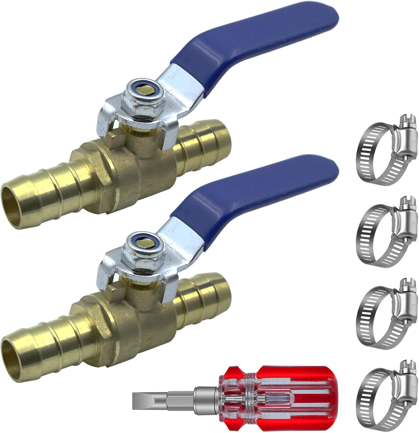 2Pcs 5/8” Heater Hose Shut-Off Valves Brass Full Port Stainless Steel Clamps