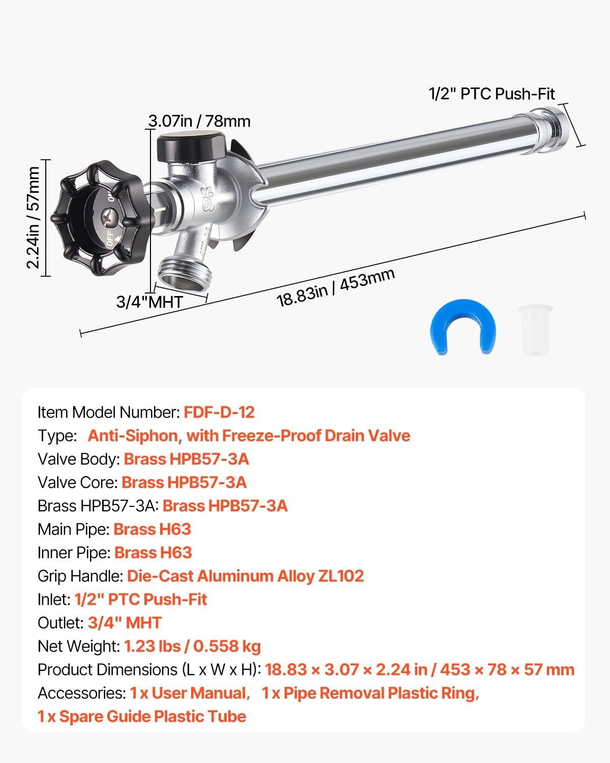 12-Inch Frost-Free Sillcock, 1/2″ PTC x 3/4″ MHT Hose Bibb, Anti-Siphon Lead-…