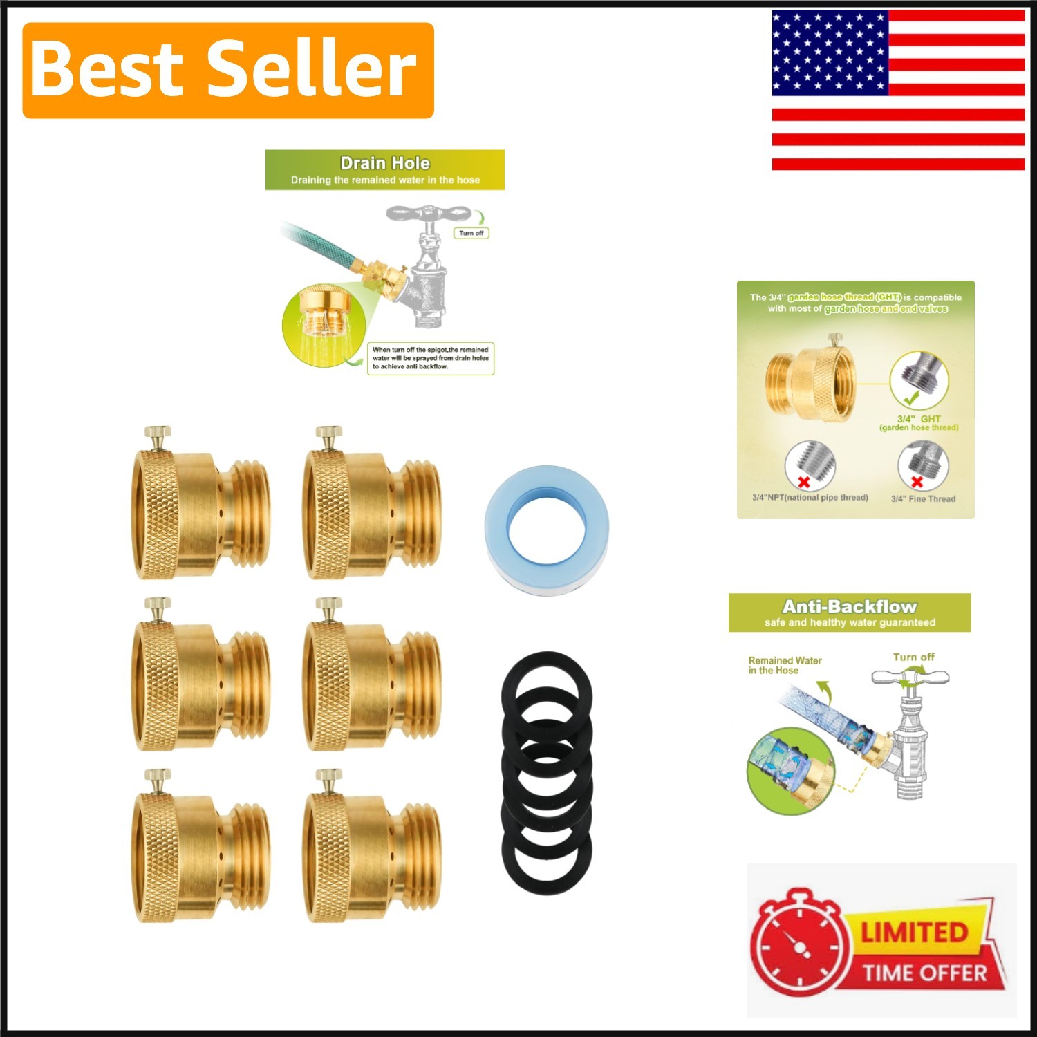 Versatile 3/4” Brass Anti-Siphon Valve, 6-Pack Backflow Preventers for Garden