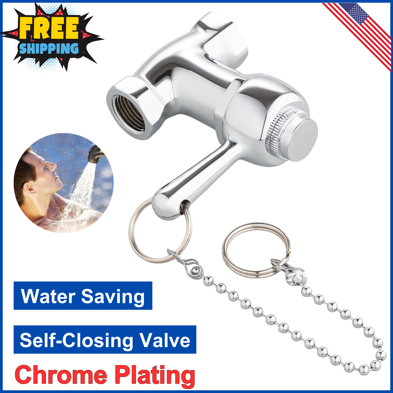 Self-Closing Shower Valve with Pull Chain, Chrome Finish, Indoor or Outdoor Use