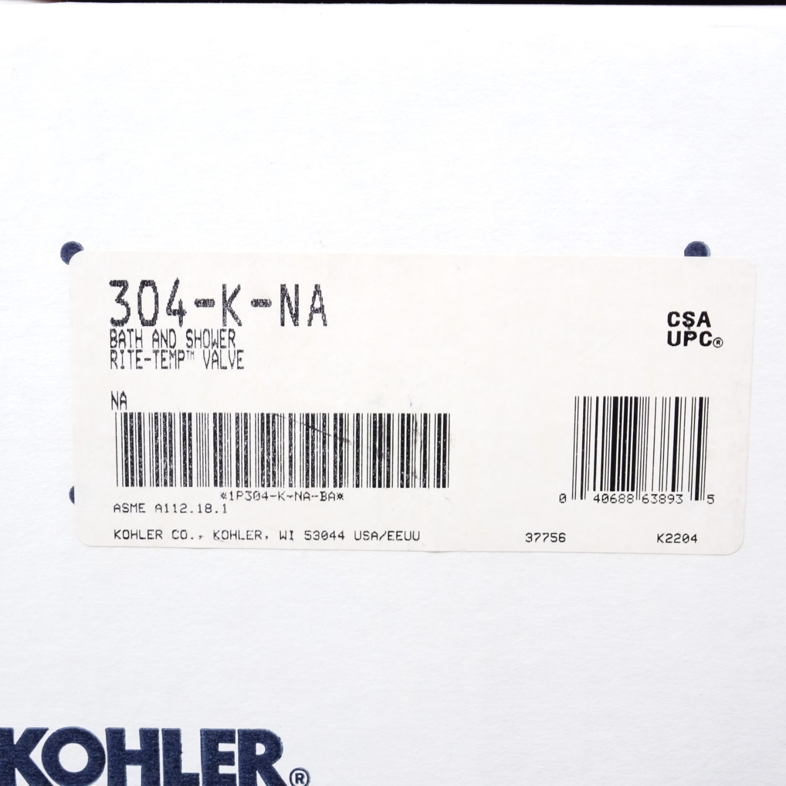 Kohler Bath And Shower Rite – Temp Valve 304-K-NA + Manual OPEN BOX