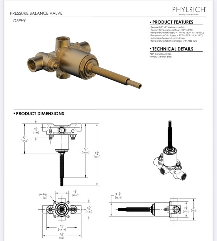 Phylrich DFPHY 1/2″ Anti-Scalding Brass Pressure Balance Valve, NEW