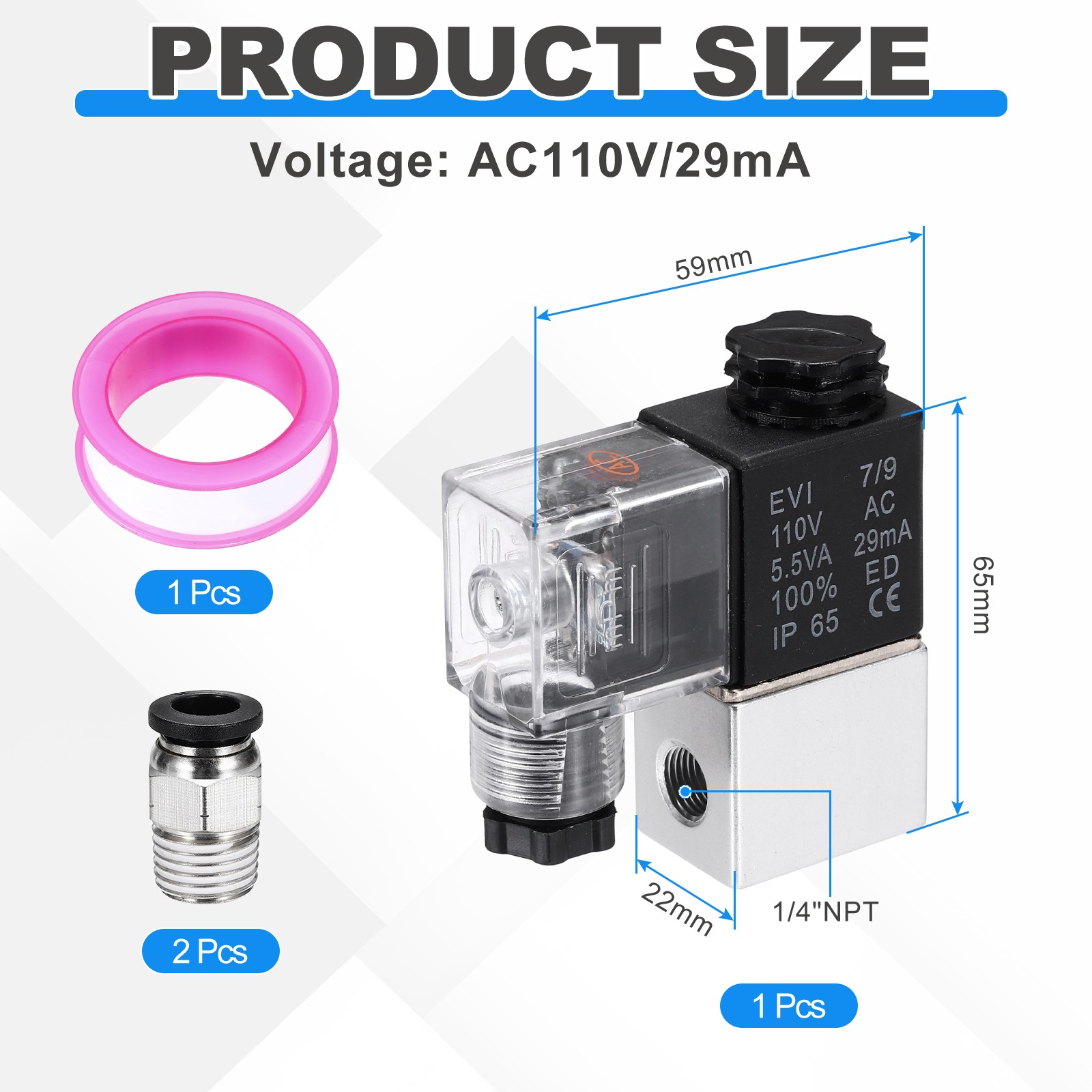 Pneumatic Solenoid Valve, 1/8 Inch NPT 110VAC 2 Way Aluminum Electric Air Valve