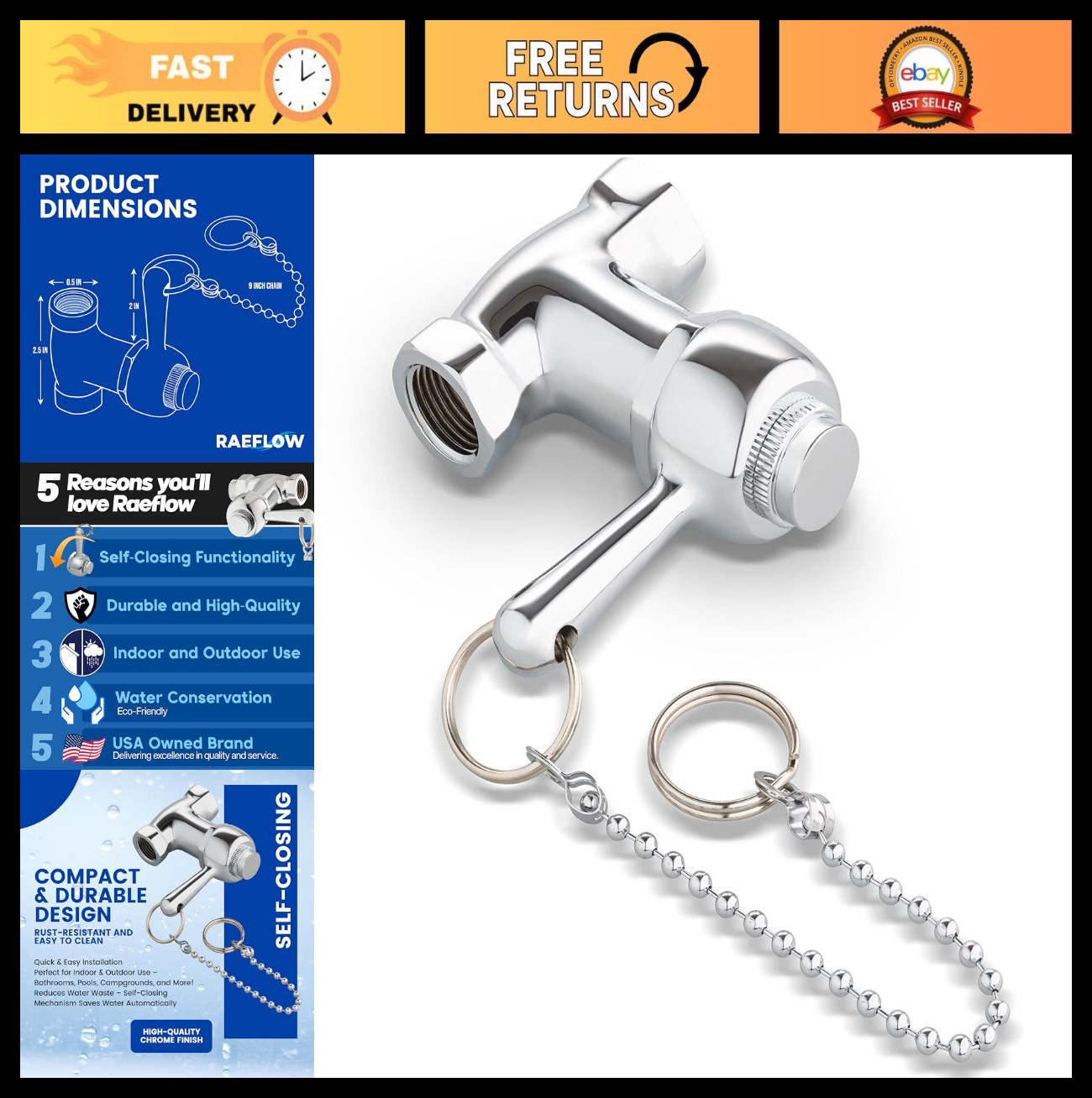 Self-Closing Shower Valve with Pull Chain – Chrome Finish, Indoor/Outdoor Use