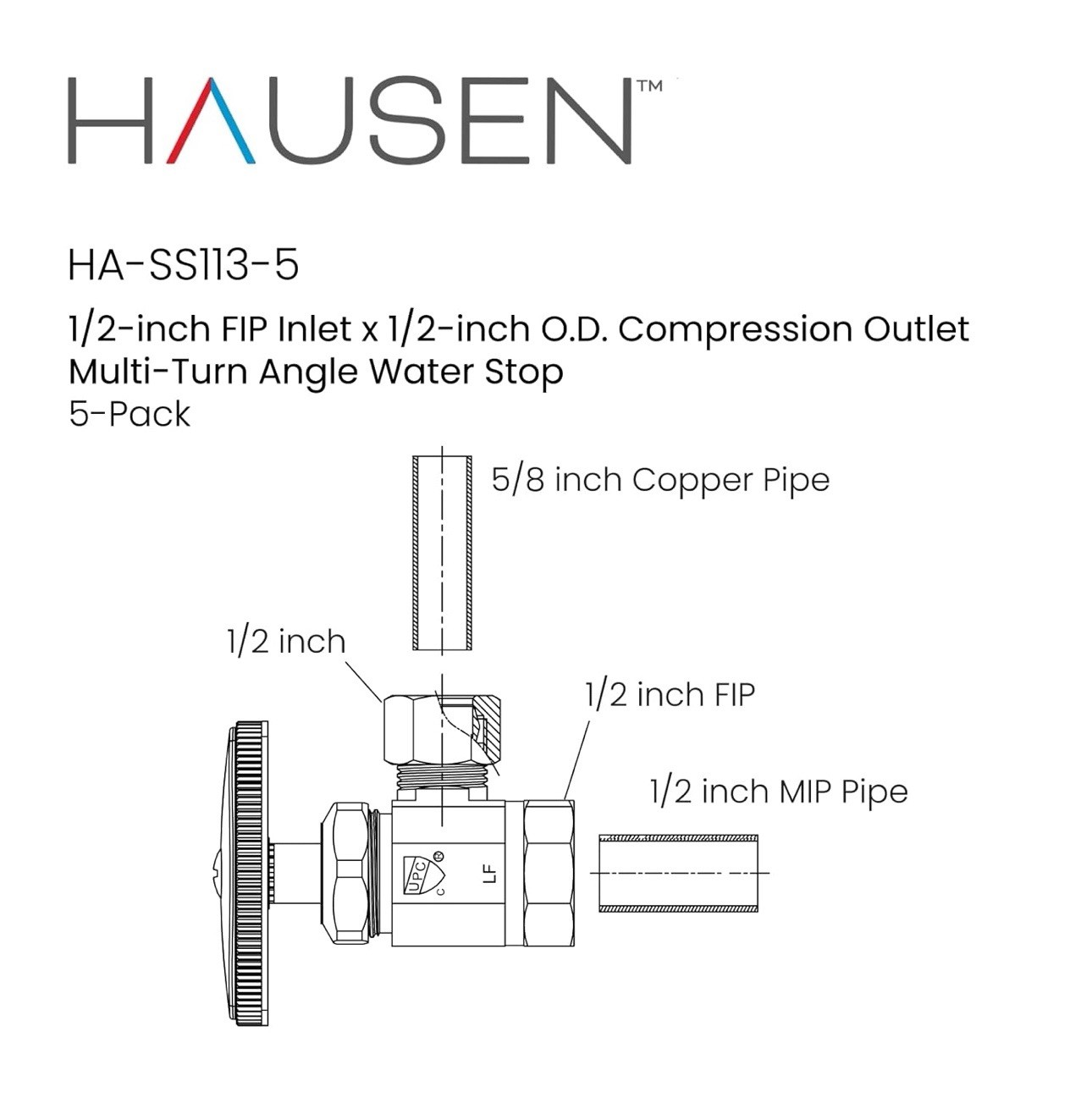 5 Pack Hausen 1/2” FIP Inlet X 1/2” OD Compression Outlet Multi Turn Angle Valve