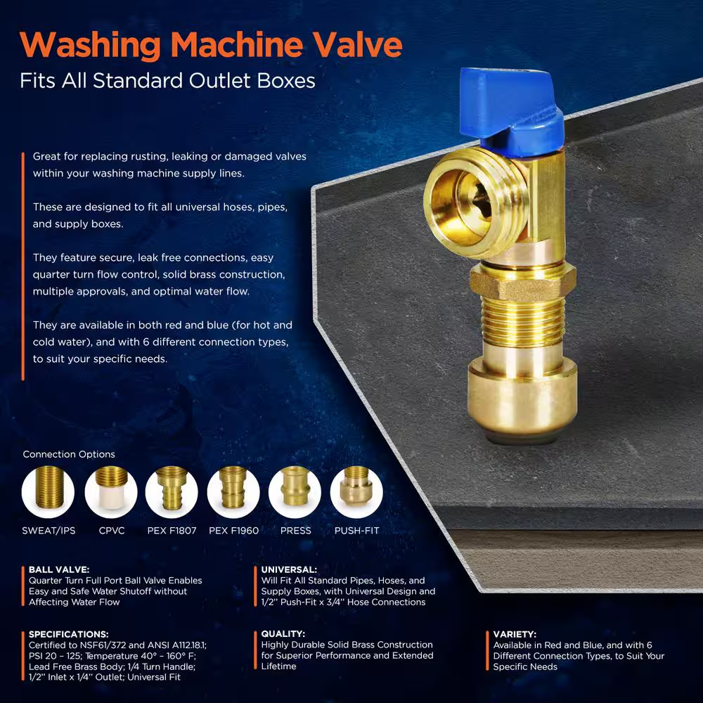 1/2 In. Push-Fit X 3/4 In. MHT Brass Washing Machine Replacement Valve in Blue f